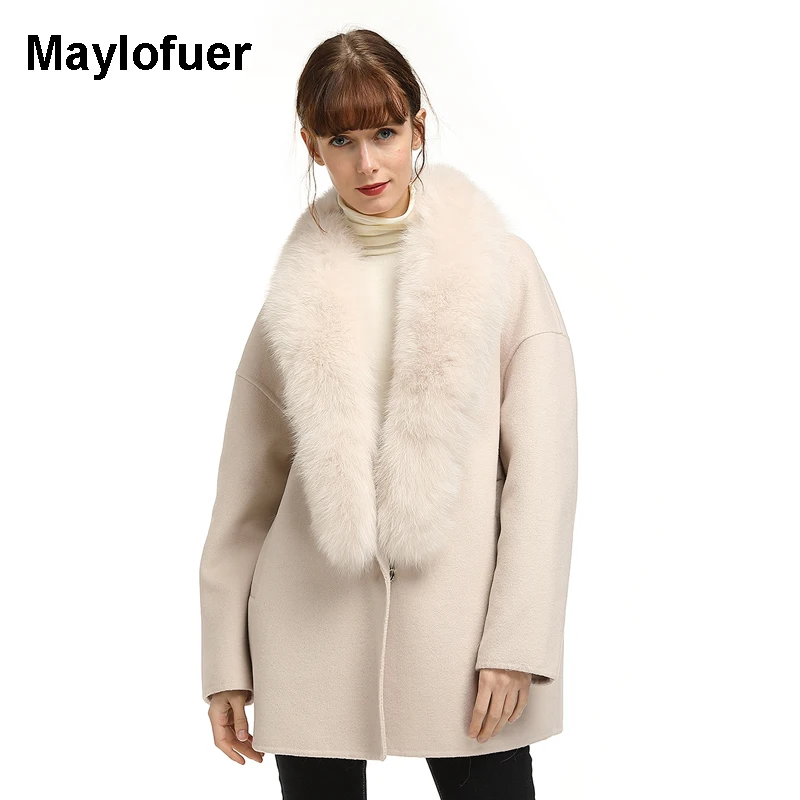 Maylofuer НОВЫЕ шикарные большие шерстяные пальто с воротником, шерстяное Женское пальто средней длины зимы, длинное шерстяное пальто