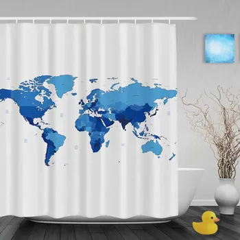 

Blue World Map Print Bathroom Shower Curtains Novelty Home Decor Collections Shower Curtain Waterproof Mildew Polyester Fabric