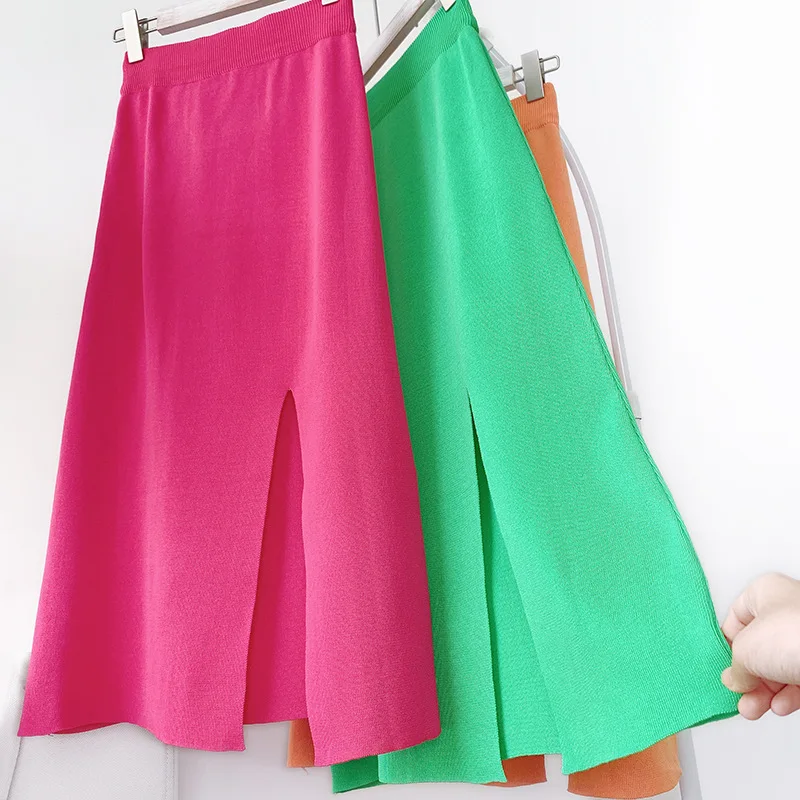 Faldas Mujer Moda, однотонные Kint женские юбки футляр с высокой талией, раздельная юбка миди, женские милые элегантные юбки Jupe Femme Saia