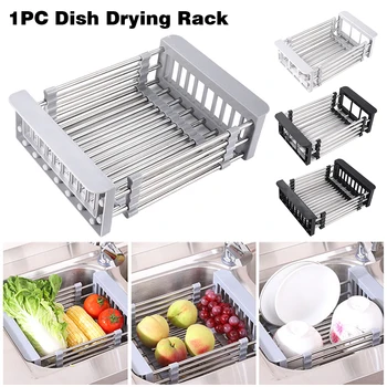 

Insert Storage Organizer Drainer Anti-slip Stainless Steel Functional Adjustable Telescopic Over Sink Dish Drying Rack Tray