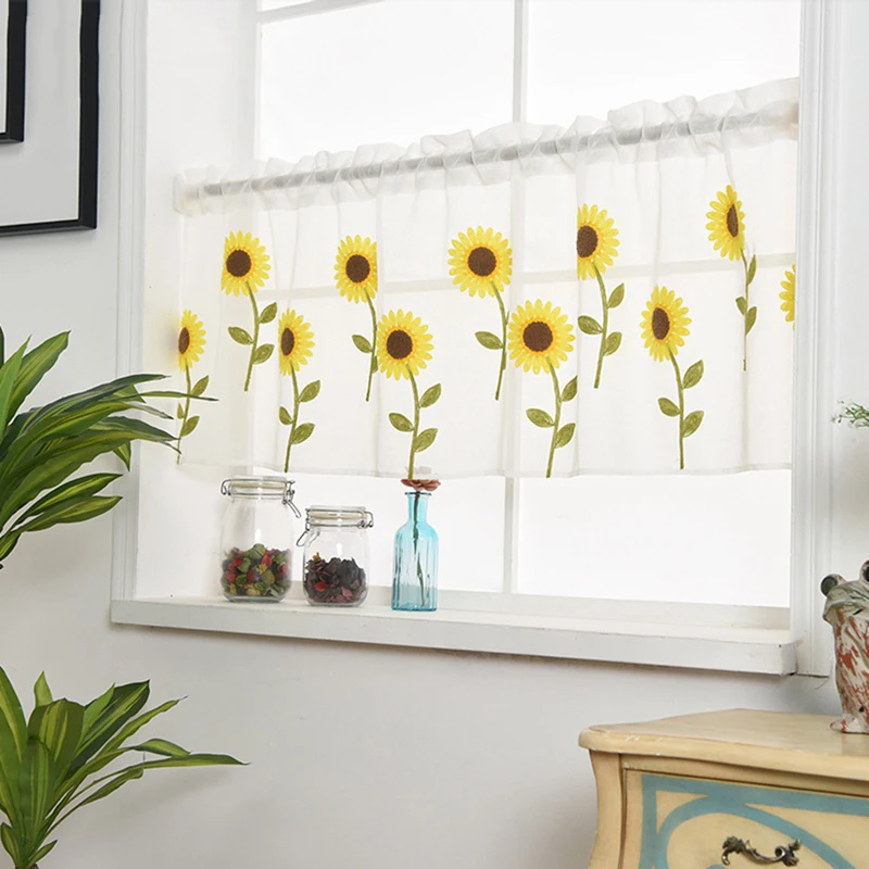 New Arrival 1 Piece Embroidered Sunflower Kitchen Curtain Short Window Curtain Cafe Valance Dining Room Decorative Curtain