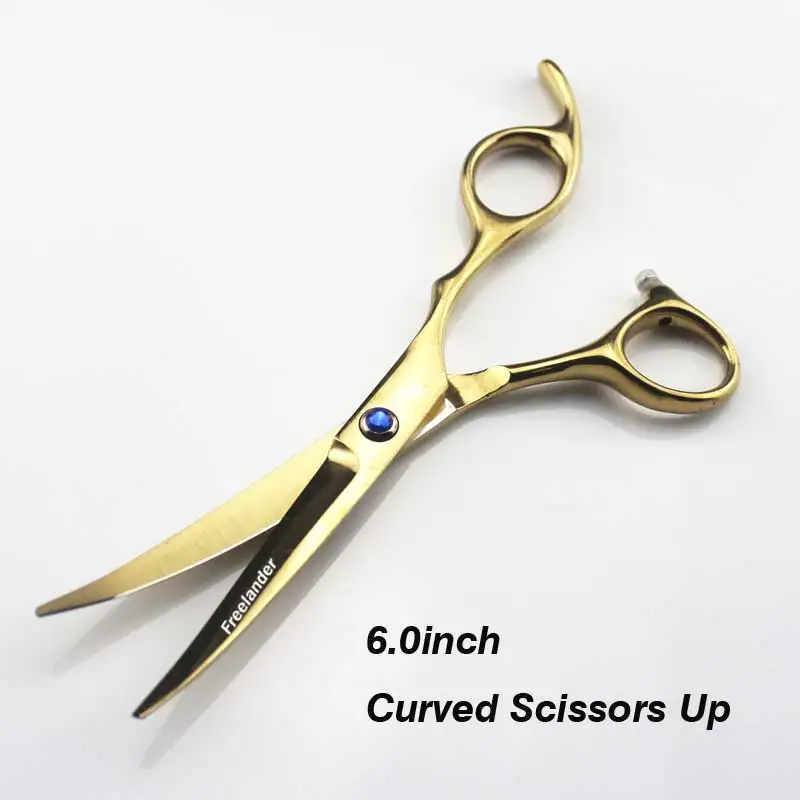 6.0inch professional scissors dog pet grooming polishing tool animal hair Cutting Scissors and Double tail curved scissors - Color: Gold Curved  Up