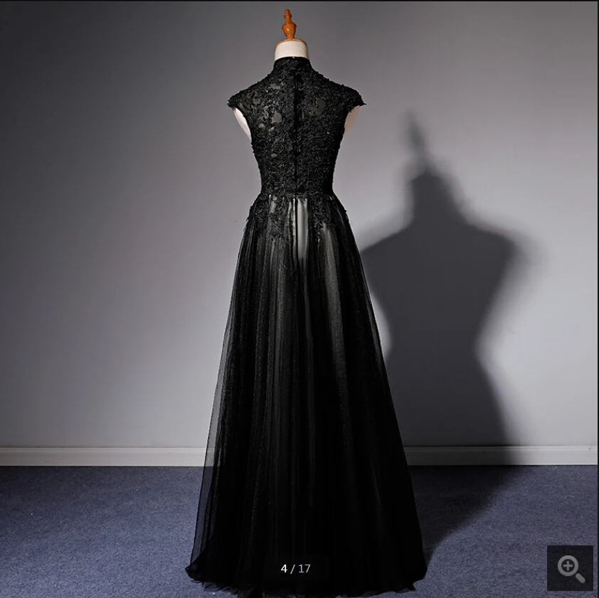 Vestido de festa черное Тюлевое ТРАПЕЦИЕВИДНОЕ кружевное платье с аппликацией из бисера для выпускного вечера Элегантное Длинное платье с высоким вырезом и рукавами-крылышками для выпускного вечера