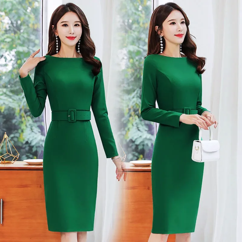 

Autumn Elegant Work Women Dress Female Casual Long Sleeve Office Pencil Thick Winter Dresses Belt Plus Size Clothing Vestidos