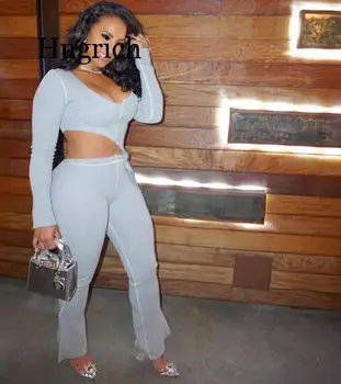 

2020 New Fashion 2 Two Piece Set Women Ribbed V Neck Long sleeve Top and Long Pants Set Sexy Autumn Tracksuit Women