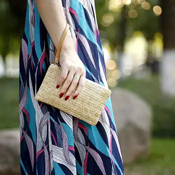

Fashion Ladies Wristlet Clutch Women Daily Money Phone Pouch Straw Woven Coin Purse Casual Summer Beach Wallet Card Bags