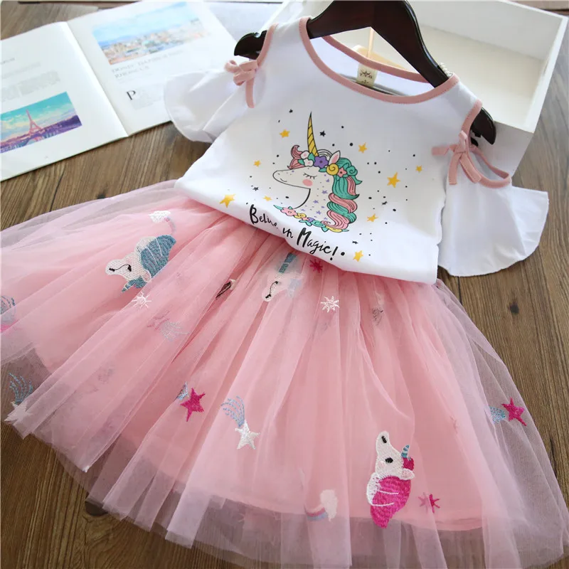 

Summer Kids baby Girls Clothing Set 2Pcs Girls Casual Cartoon Set Unicorn T-Shirts+Net Veil Dress Girls Suit Kids Clothing