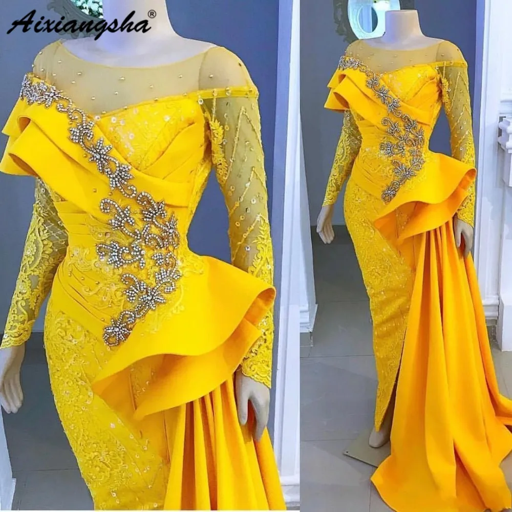 Aso Ebi Новые Желтые Вечерние платья Illusion Sheer шеи кружева бисером Кристаллы Русалка платье с длинным рукавом Формальные платья