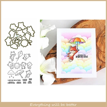 

Mix Cute Animals Cartoon Sun Umbrella Kite Fox Clound Words Metal Cutting Dies Match Clear Silicone Stamps Scrapbook Craft Cards