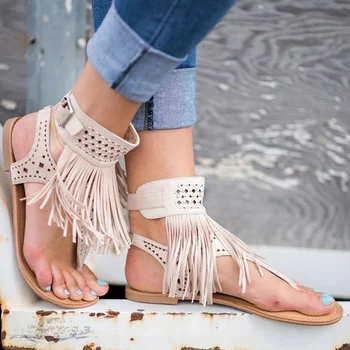 

2019 Woman Shoes Summer Bohemia Flat Sandals Tassel Beach Woman Flip Flop Vintage Beach Women Shoes Low Heel Lady Shoes Footwear
