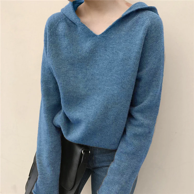 

New 2019 autumn women's sweater Hat Knitted Shirt Women's Pure-color Loose Long Sleeve Pullover Bottom Sweater Short Coat