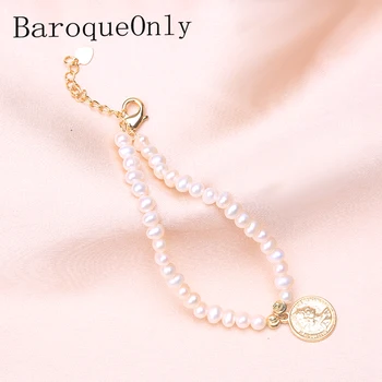 

BaroqueOnly Natural freshwater pearl bracelet white pearl 4-5mm vintage queen coin adjustable tail chain gift for women HBE
