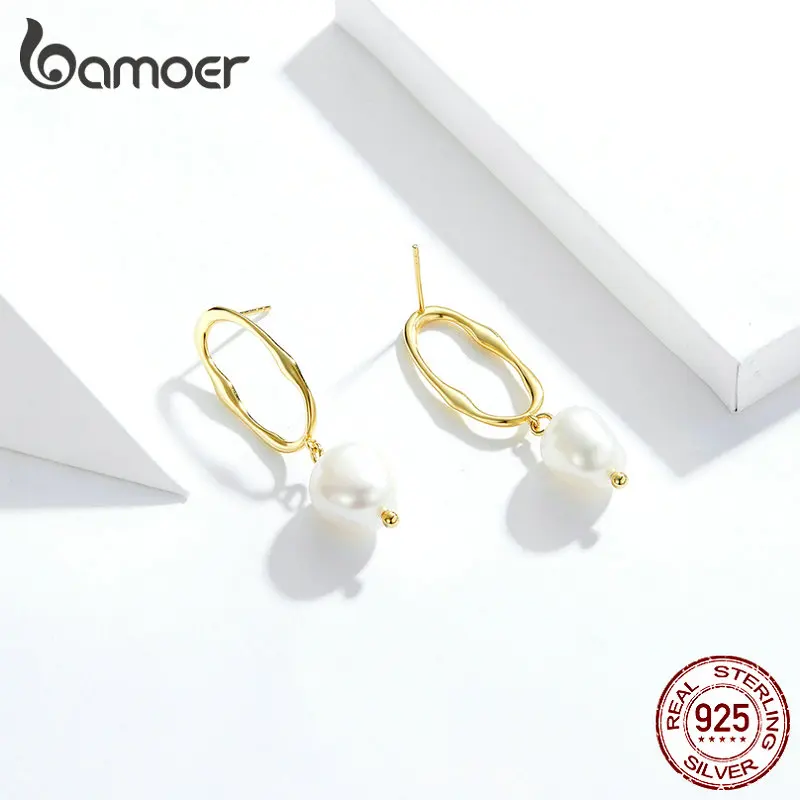Bamoer 925 пробы серебристый неправильной формы геометрические круглые длинные серьги с жемчугом для женщин пресноводный жемчуг модные ювелирные изделия SCE793