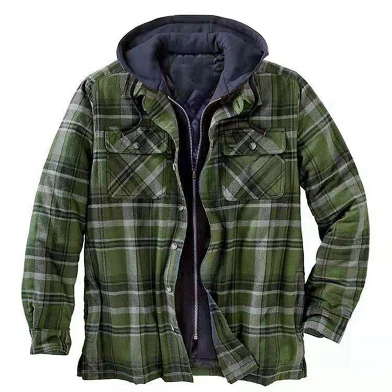 Men's Winter Jacket Parkas Casual Plaid Long Sleeve Hooded Cotton-Padded Jacket Men Fake Two-Piece Warm Parka Men 5XL Men's Coat