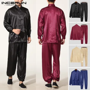 

INCERUN Chinese Style Men Sets Kung Fu Elegant Solid Long Sleeve Stand Collar Shirt Vintage Casual Pants Tang Suit Men Sets 2020