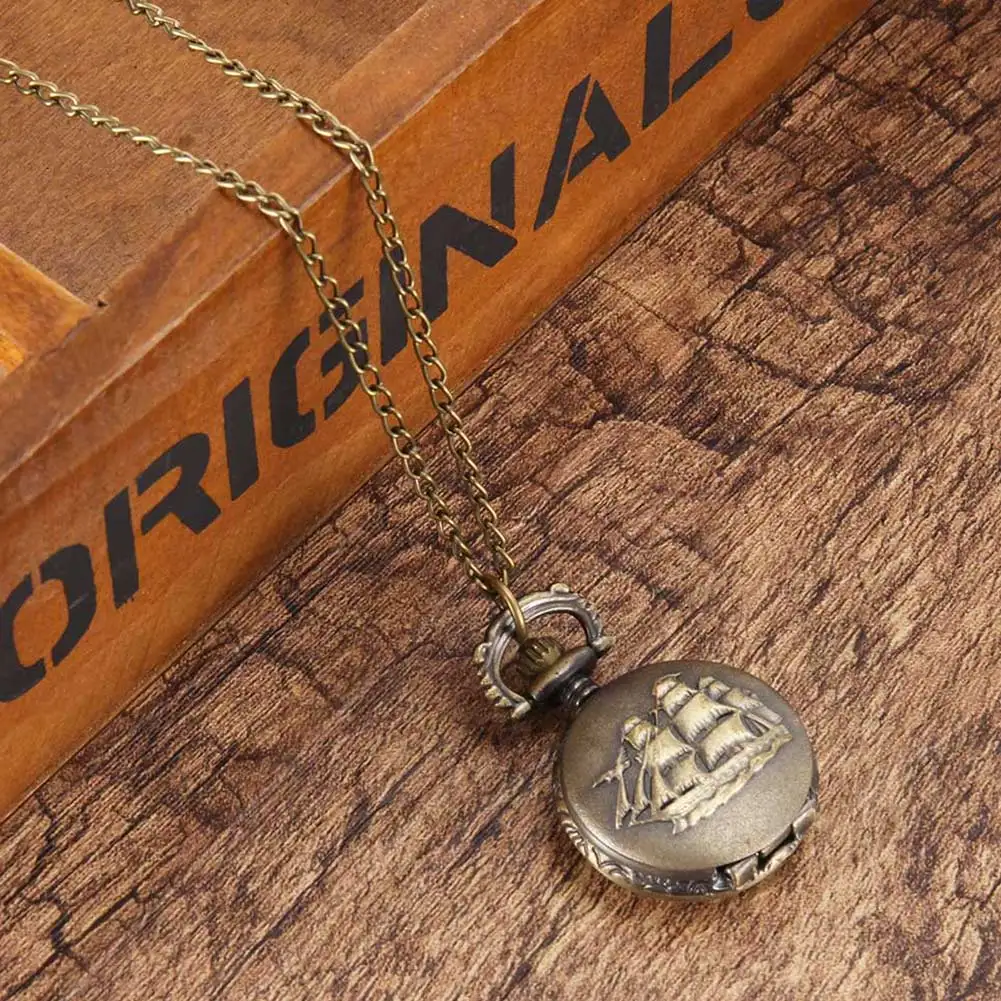 Vintage Pocket Watch Bronze Color Quartz Cool Chain Sailboat Pattern Watches SEC88 | Наручные часы
