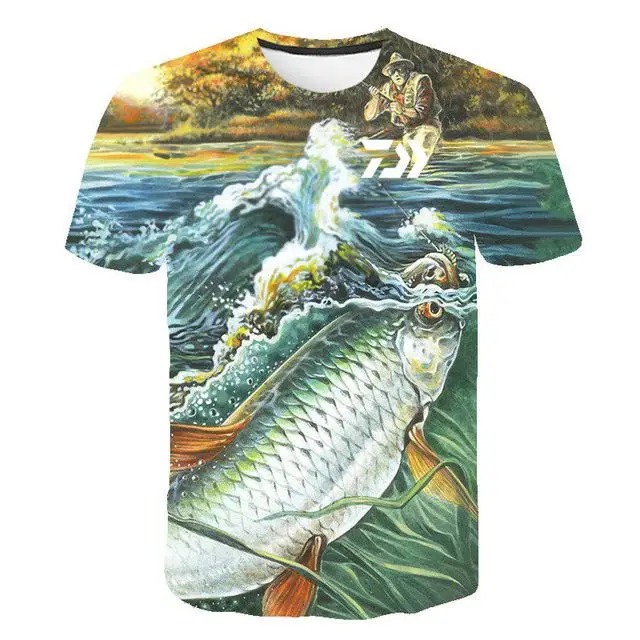 New T Shirt Summer Man Short Sleeve Fishing Clothing Outdoor Sport Breathable Fishing Clothes Men Beach Printed T-shirt Top - Color: F