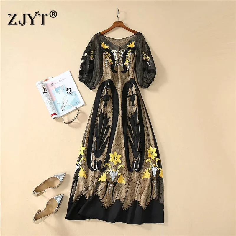 

2020 Spring Summer Long Runway Dress Women High Quality Fashion Retro Embroidery Maxi Tulle Sexy Party Dress robe femme vestidos