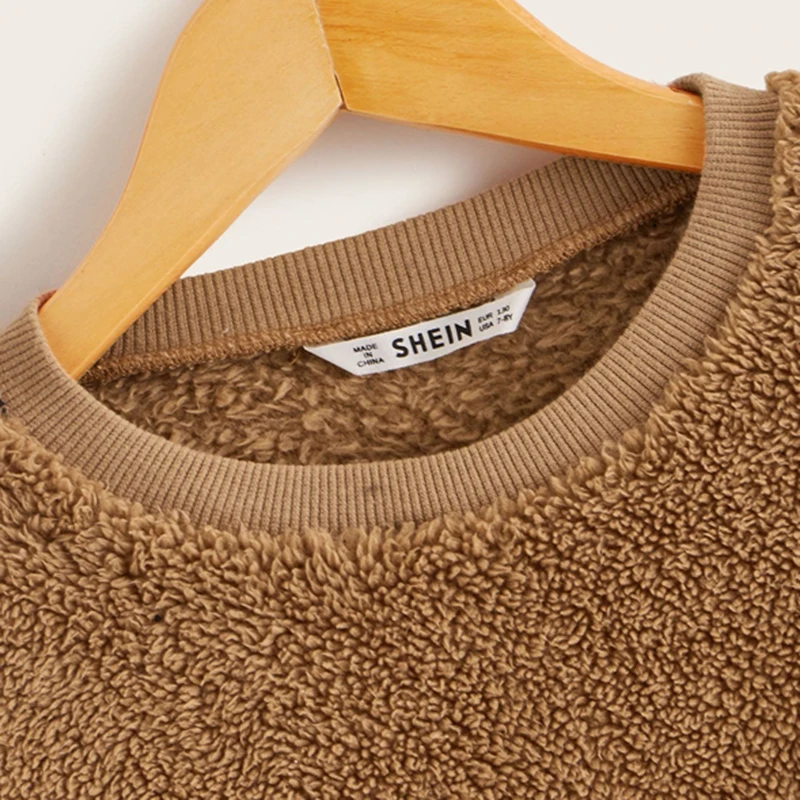 SHEIN Kiddie Camel/Повседневная Толстовка с леопардовым принтом и рукавами «Тедди»; топы для детей; коллекция года; Весенний контрастный Зимний пуловер с искусственным мехом