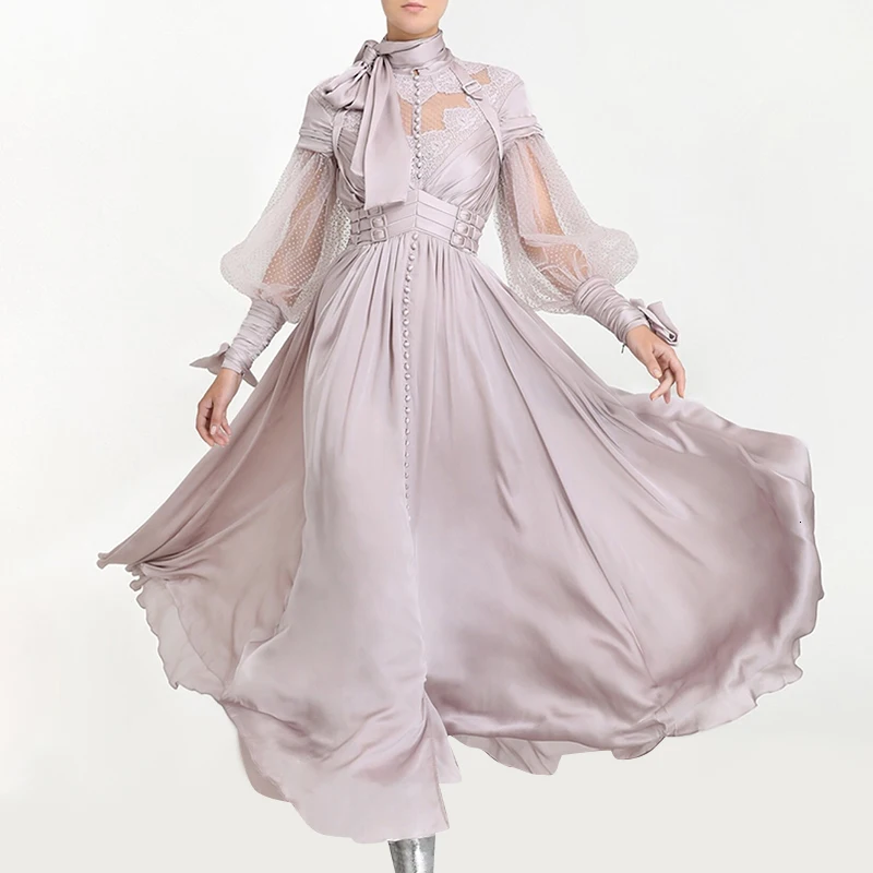 CHICEVER лоскутное точка сетки Ruched платья для женщин водолазка фонарь с длинным рукавом Высокая талия на шнуровке платье женская мода