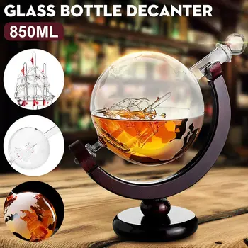 

850ml Etched Globe Design Decanter Whiskey Wine Decanter with Wood Frame for Home Bar Creative empty wine bottle Soda bottle