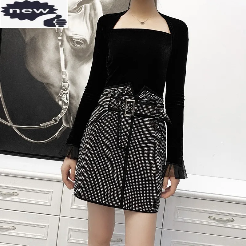 

Women Autumn Sheepskin Suede Diamonds Short OL Fashion Natural Leather Sashes A-Line Skirts Streetwear Party Wrap Skirt