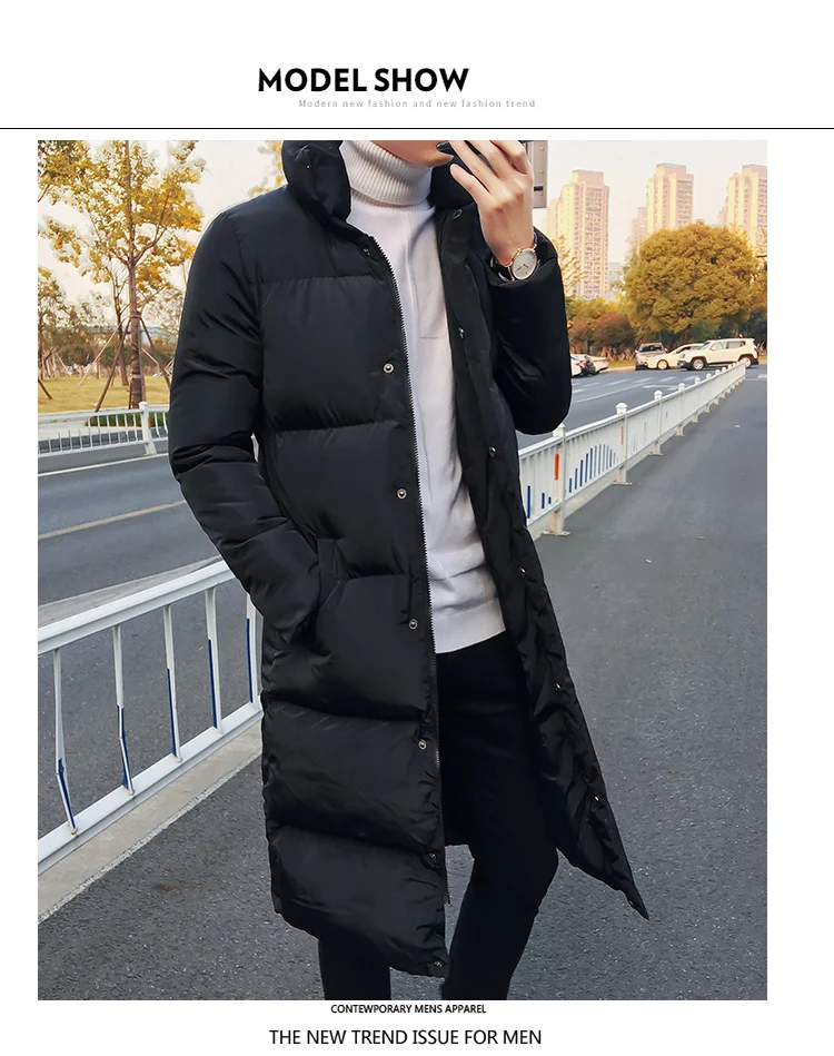 Зимняя куртка, Мужская длинная пуховая куртка, Мужская зимняя куртка со стоячим воротником, однотонное черное пальто размера плюс, толстое теплое приталенное Мужское пальто