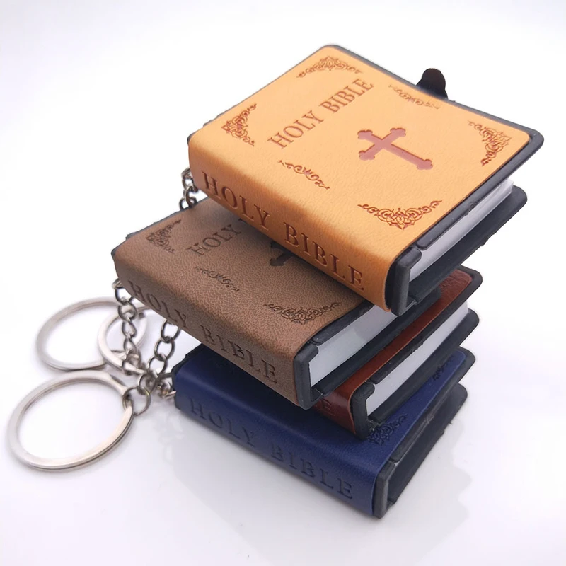 1Pc Mini Holy Bible English Version Key Chain Artificial Leather Book Cross Pendant Keychain