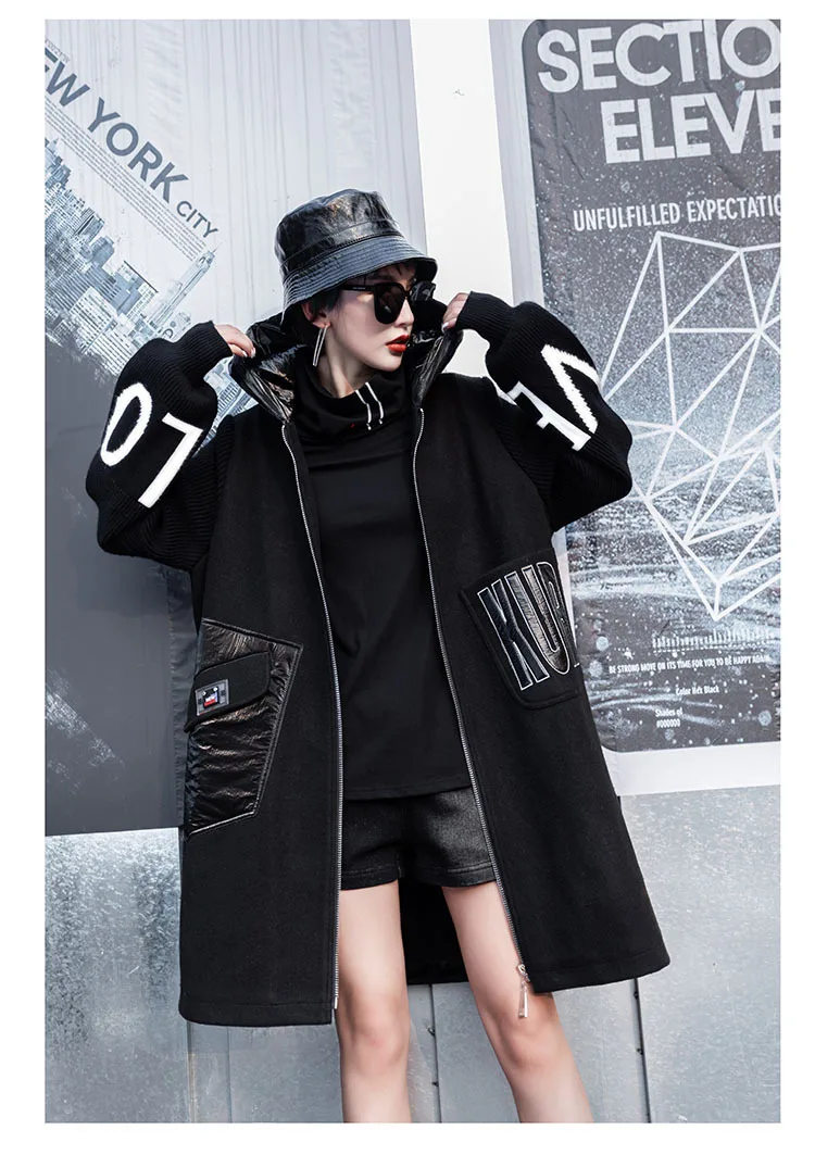 Vefadisa шерстяное пальто с буквенным принтом и капюшоном для женщин зимнее приталенное шерстяное пальто с карманами черное шерстяное пальто на молнии уличная одежда QYF1241