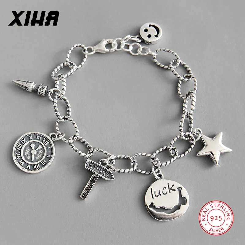 925 пробы Серебряная цепочка с надписью Lucky браслеты с подвесками в форме монет для женщин регулируемый роскошный персонализированный диск звезда часы браслет