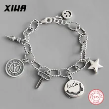 925 пробы Серебряная цепочка с надписью Lucky браслеты с подвесками в форме монет для женщин регулируемый роскошный персонализированный диск звезда часы браслет