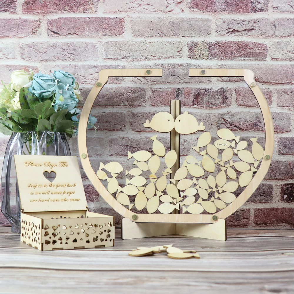 Wedding Wooden Signature Guest Book  Pisces kiss Decoration Frame With Stand DIY，Personalized Ornaments Guestbook Wedding Favor