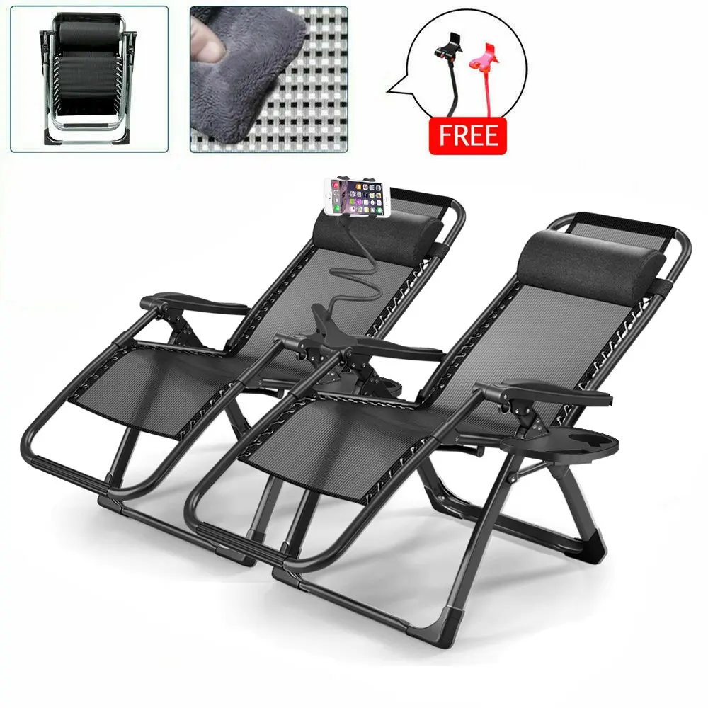 

2PCS Heavy Duty Zero Gravity Folding Lounge Beach Camping Chairs Square Frame+Holder
