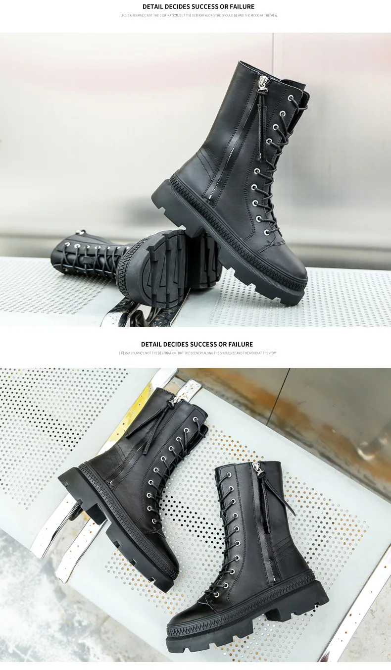 Winter Genuine Leather Chunky Motorcycle Boots Women Autumn Fashion Round Toe Lace-up Combat Military Boots Ladies Shoes