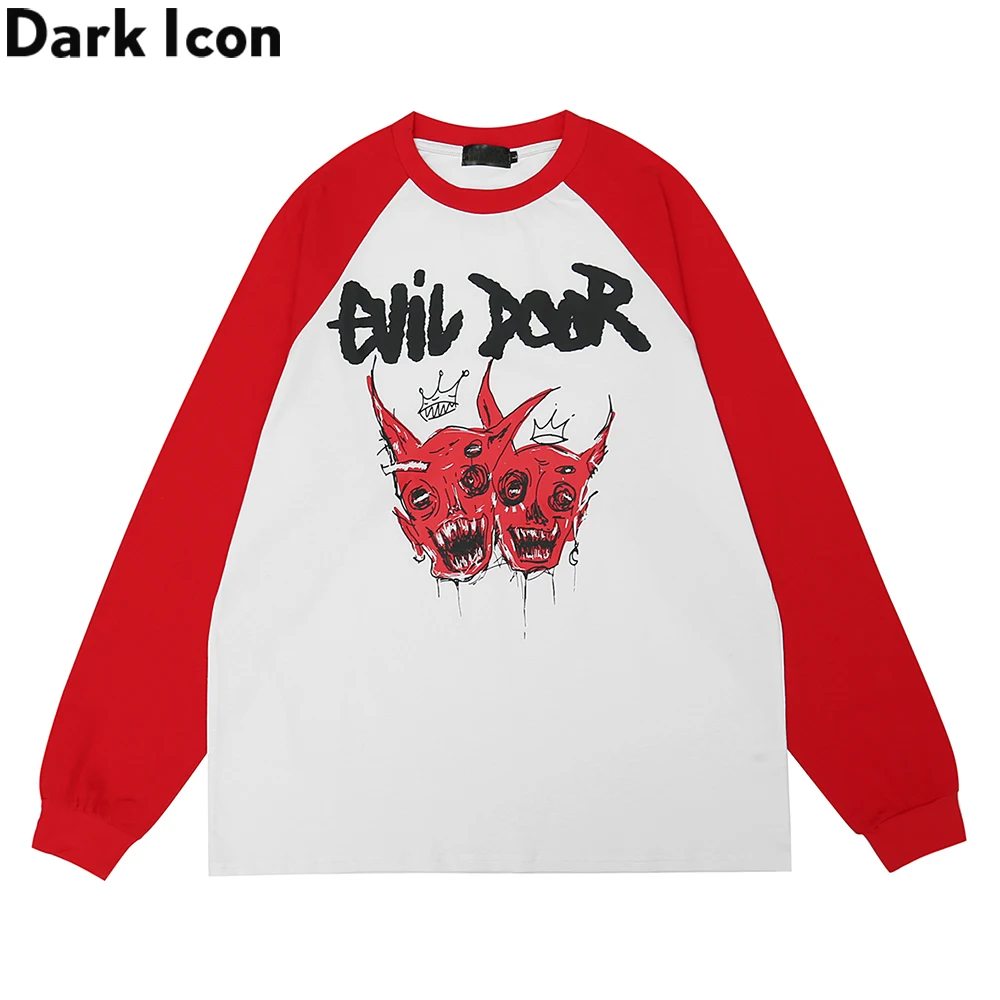 

Dark Icon Off Shoulder Devil Men's T-shirt Long Sleeve Street Color Block Tshirt Men Streetwear Male Top