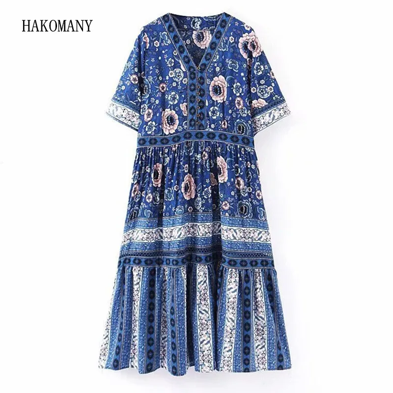Bohemian Open Button Deep V neck Blue white Floral Print Dress Ethnic Woman Short Sleeve Maxi Long BOHO Dresses
