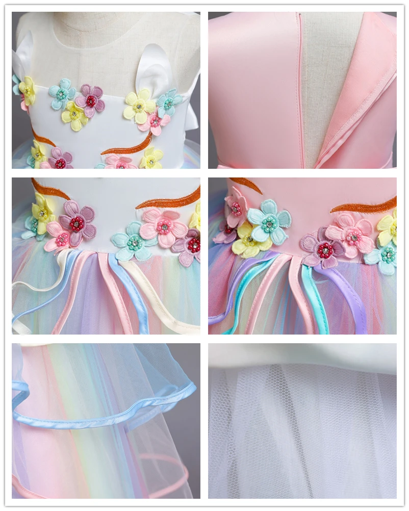 Rainbow Unicorn Cosplay Girl Dress Party Elegant Flower Lace Long Tutu Formal Ball Gown Princess Baby Dresses 5 7 8 12 14 Years
