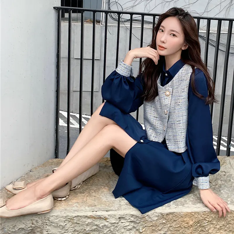 

Spring Woman 2PCS Dress Suit Elegant Gray Vest And Blue Shirtdress Twinset Suit Sets Women Vests Dresses 2 Pieces Ensemble Femme