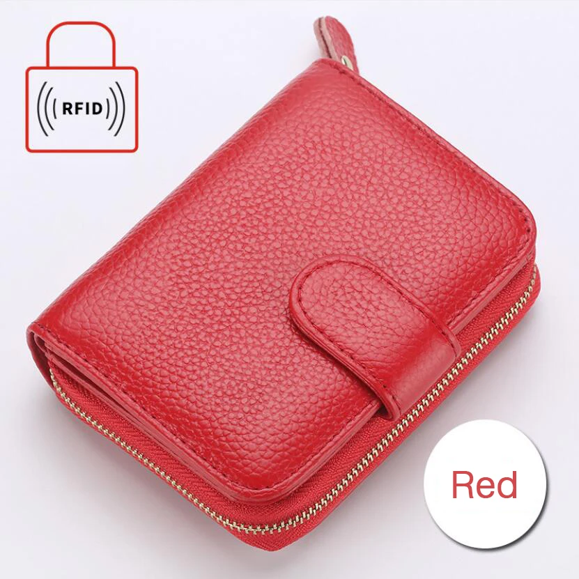 RFID женский кошелек из натуральной кожи, короткие мужские кошельки, RFID Блокировка, защита от кражи, кредитный держатель для карт, дизайнерский бренд, унисекс кошелек - Цвет: Red