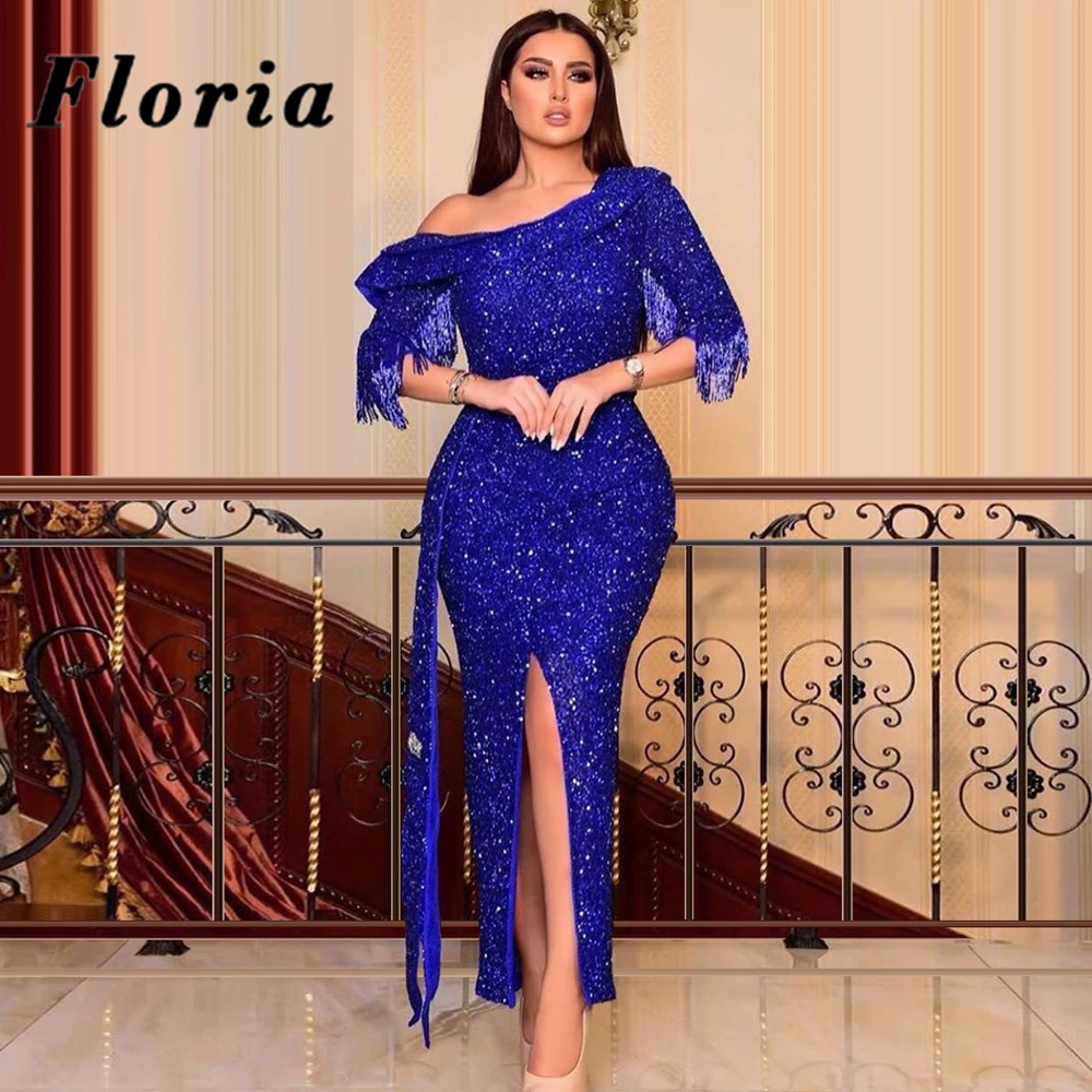 Royal Blue Glitter Evening Gown Dubai One Shoulder Prom Dresses Formal Custom 2020 Arabic Middle East Party Gowns Robe De Soiree | Свадьбы и