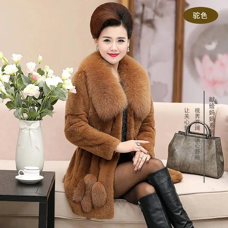 

Middle-aged Women's Faux Fur Coat Winter Warm Imitation Mink Velvet Overcoat Fox Fur Collar Female Parka Wother Elegant Jacket