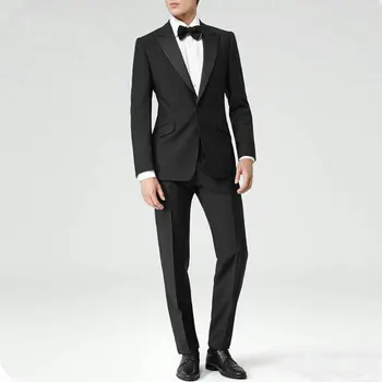 

2020 Men Suits Black Peaked Lapel Business Suits Custom Made Bridegroom Grooms Tuxedo Slim Fit Formal Prom Blazer (Jacket+Pants)