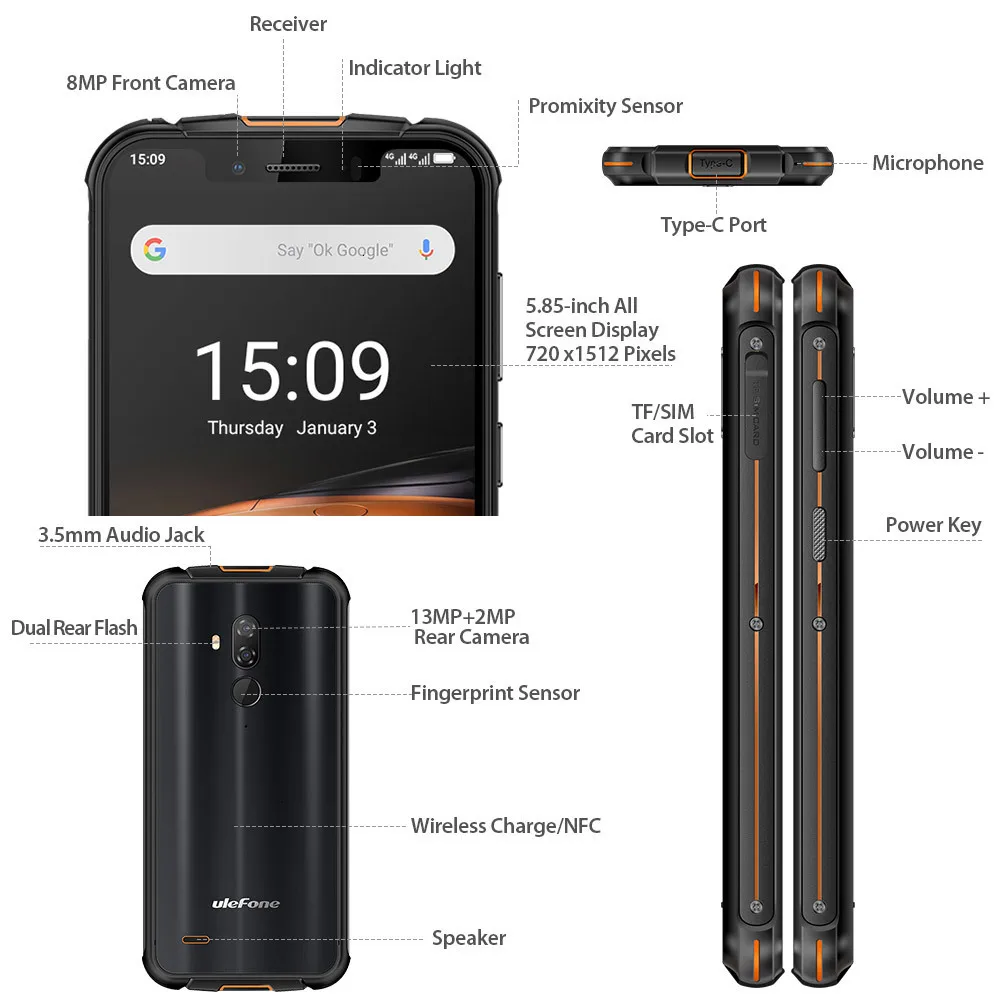 Ulefone бронированный 5S NFC IP68 водонепроницаемый мобильный телефон Android 9,0 4 Гб+ 64 Гб MT6763 Otca-core Беспроводная зарядка 4G LTE прочный смартфон