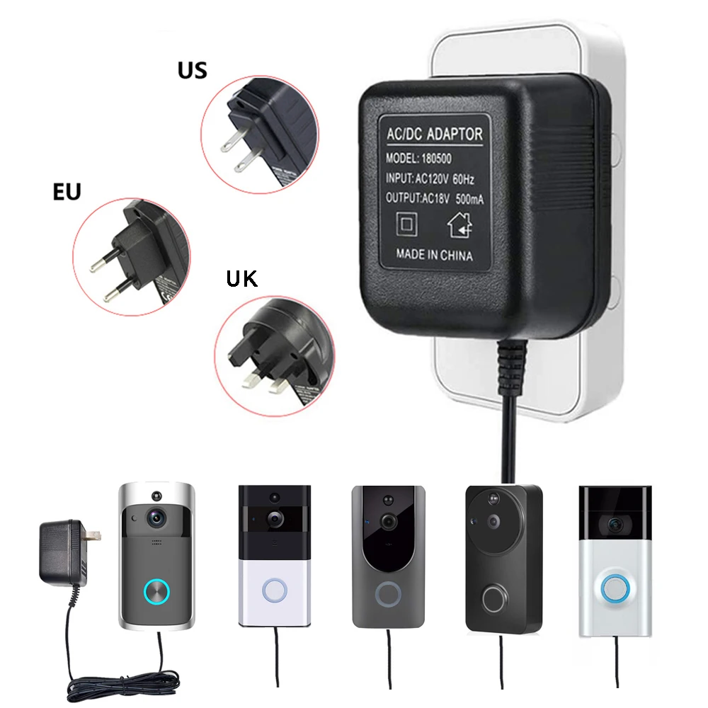 Transformador de CA de 18V, Cable de 5 metros, adaptador de alimentación de la Cámara, Wifi, para videoportero IP, timbre inalámbrico, 110V-240V