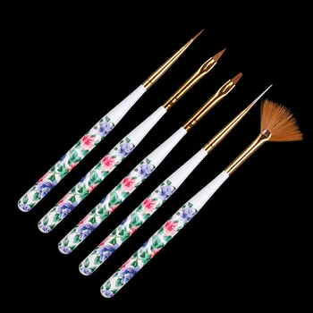 

5pcs/set White Flower Wood Handle Nail Painting Drawing Pen Gel Polish Brushes Nail Pull Carved Pen Nail Tool Nail Brush Dotting
