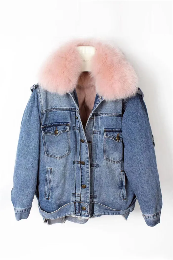 real fur coat Winter Jacket Women Coat Real fox Fur lined denim jacket Parka back letter print - Цвет: Розовый