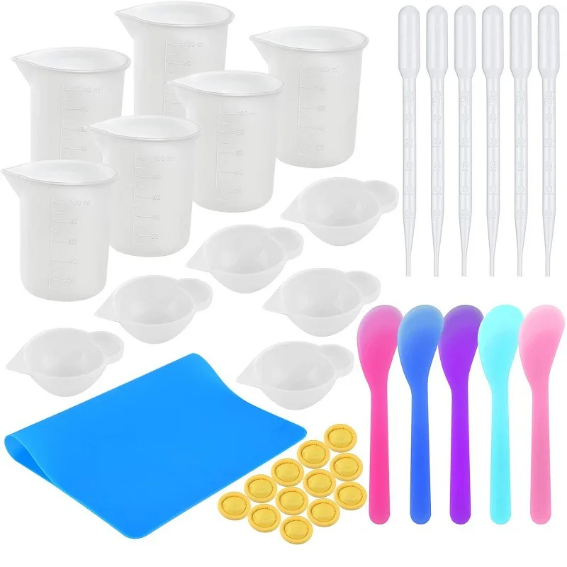 36PCS Glue Tool Kit Silicone Pad Measuring Cup Stirrer for DIY Tools Kits Stirring Stick Straw Disposable Spoon For Resin Mold |
