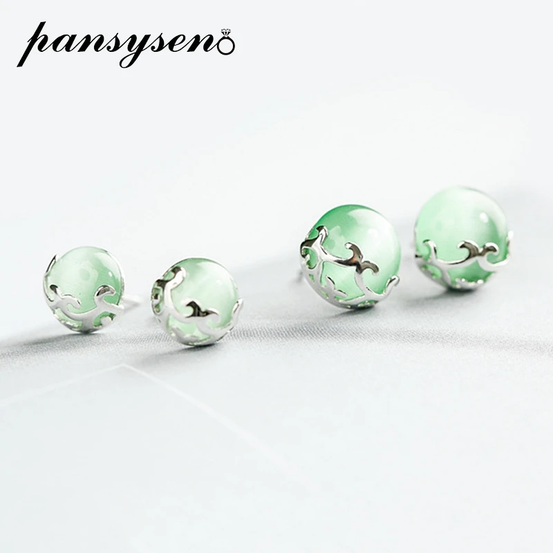 PANSYSEN Топ бренд 10 мм круглый сотерил Серебро 925 украшение-гвоздик серьги для женщин зеленый драгоценный камень серьги вечерние подарки