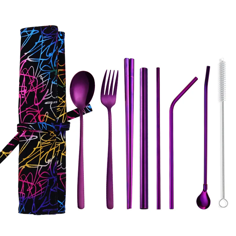 9 шт./лот 304 нож из нержавеющей стали вилка ложка набор палочек для еды креативная Dringking соломенная портативная походная посуда костюм - Цвет: Purple