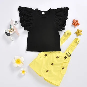 

Girls Clothes Sets Toddler Baby Lace Short Sleeve Black T Shirts Tops+Yellow Bib Overalls Shorts 2pcs